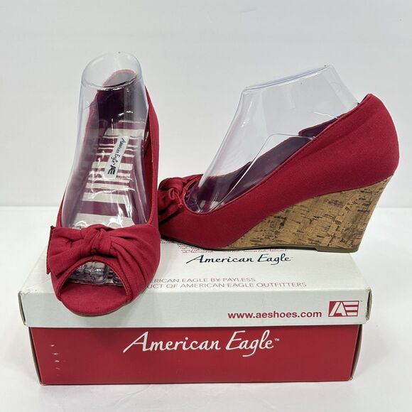 American Eagle Red Fabric Peep Toe Cork Wedge Shoes Heel 8.5 Bow Classic - Picture 1 of 11